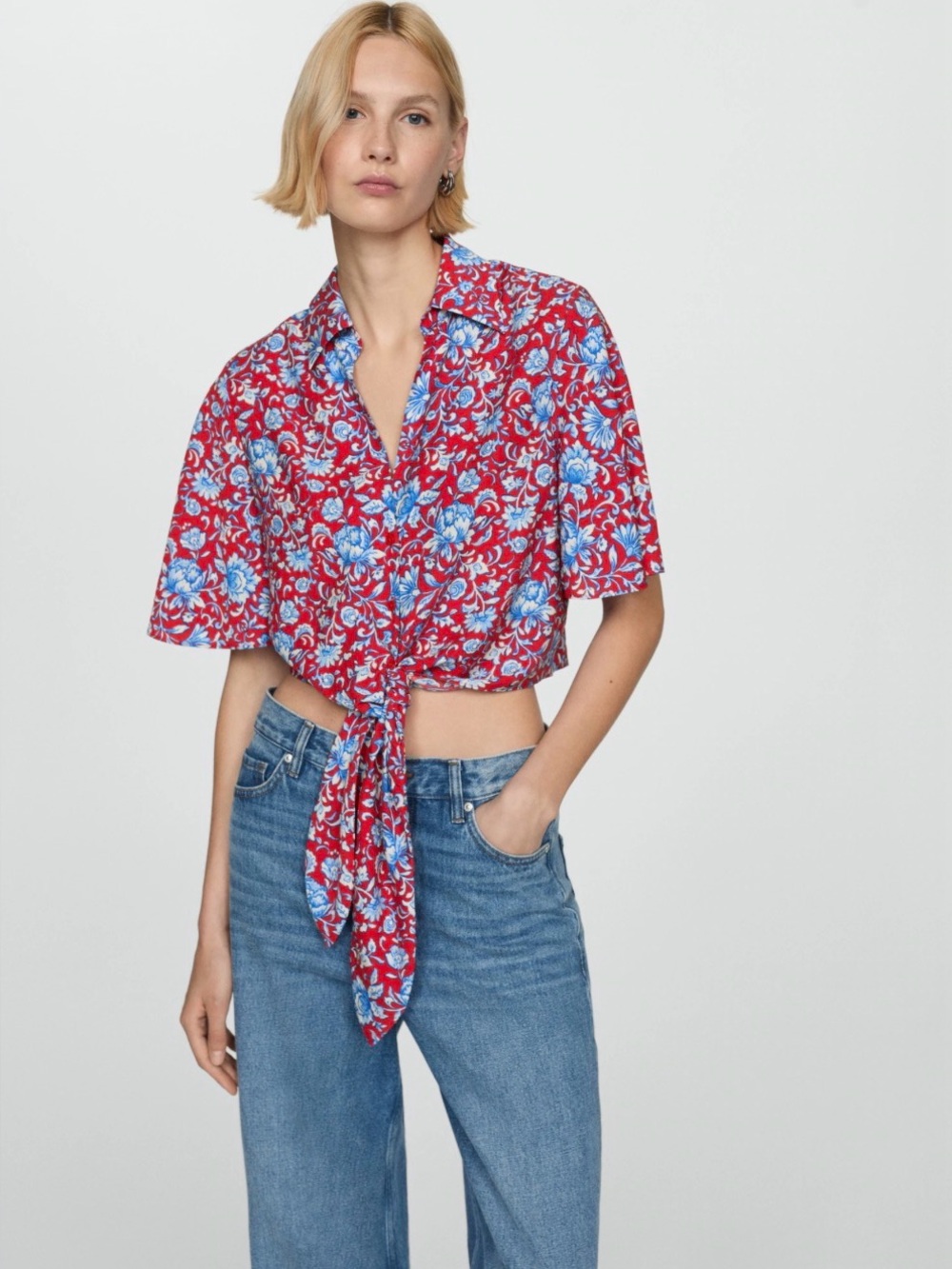 Mango printed Floral Tie-Front Crop Shirt